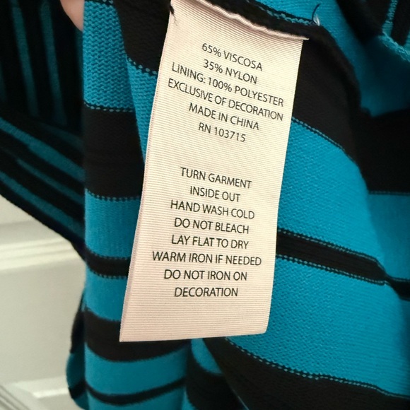 Nanette Lepore Teal & Black Vertical Stripes Mid Century Mod Cocktail Knit Dress - Picture 7 of 10